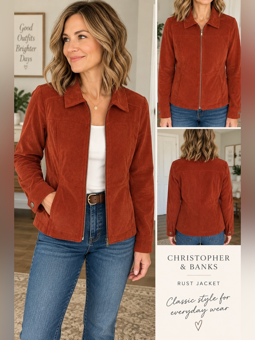 Christopher & Banks Rust Burnt Orange Zip Front Jacket Small